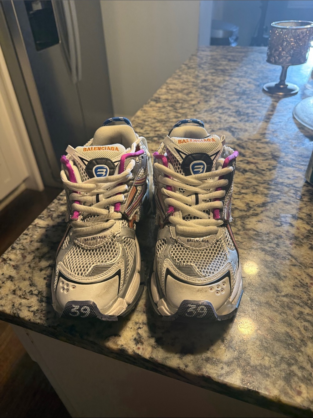 Balenciaga Kids Silver Mesh Sneakers with Pink and Blue Accents